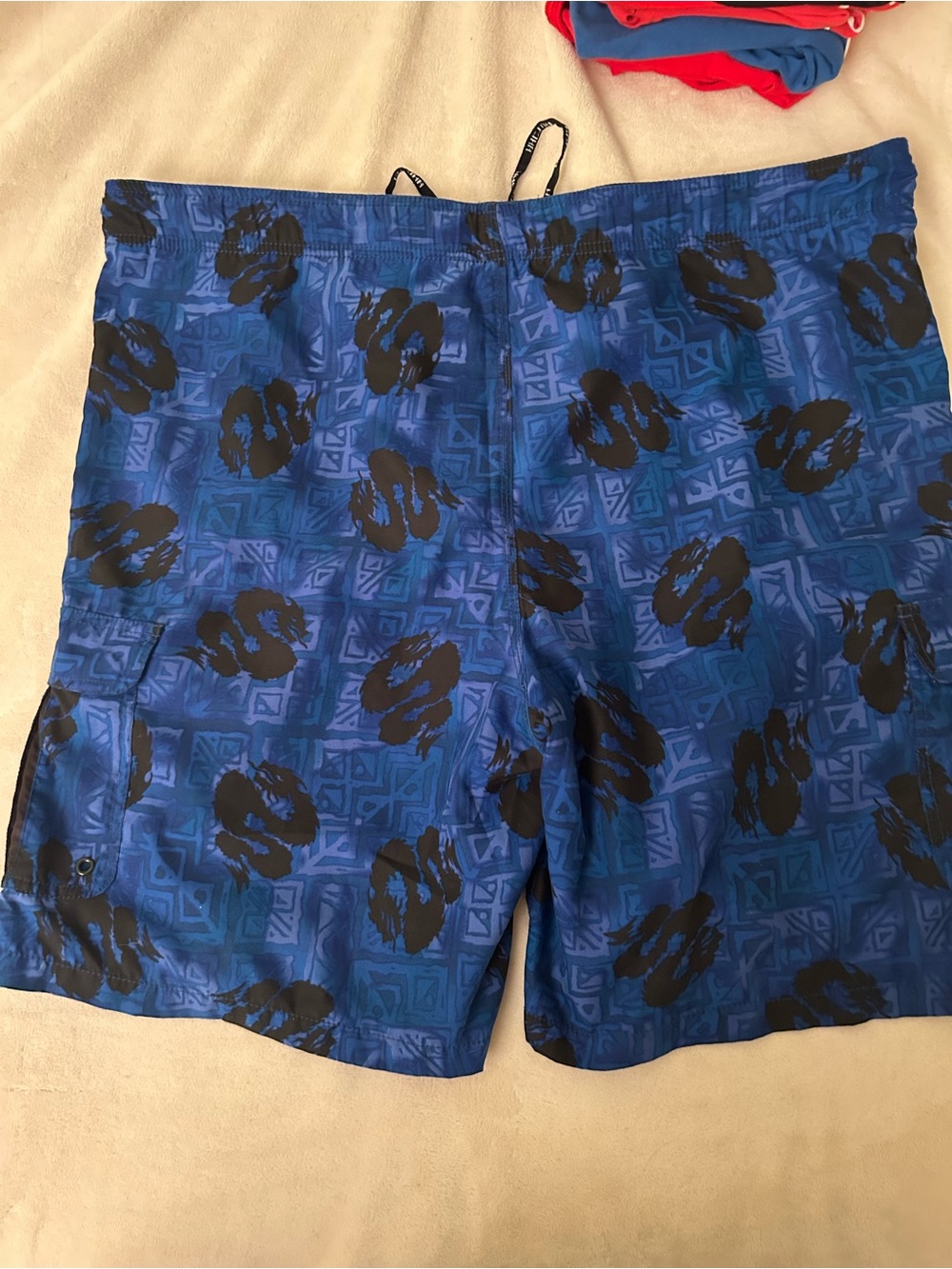 Men's Blue Patterned Swim Board Shorts with Black Print - Picture 6 of 6